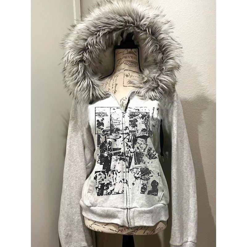 Street Fashion Zip Up Hoodie - Szara wełniana kurtka ze sztucznego futra