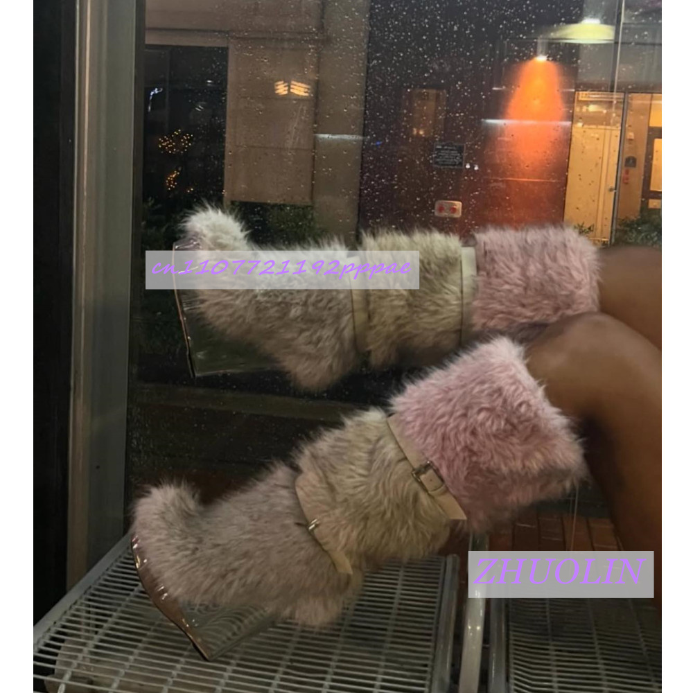 Street Fashion Winter - Zimowe Gradientowe Futrzane Przezroczyste Botki na